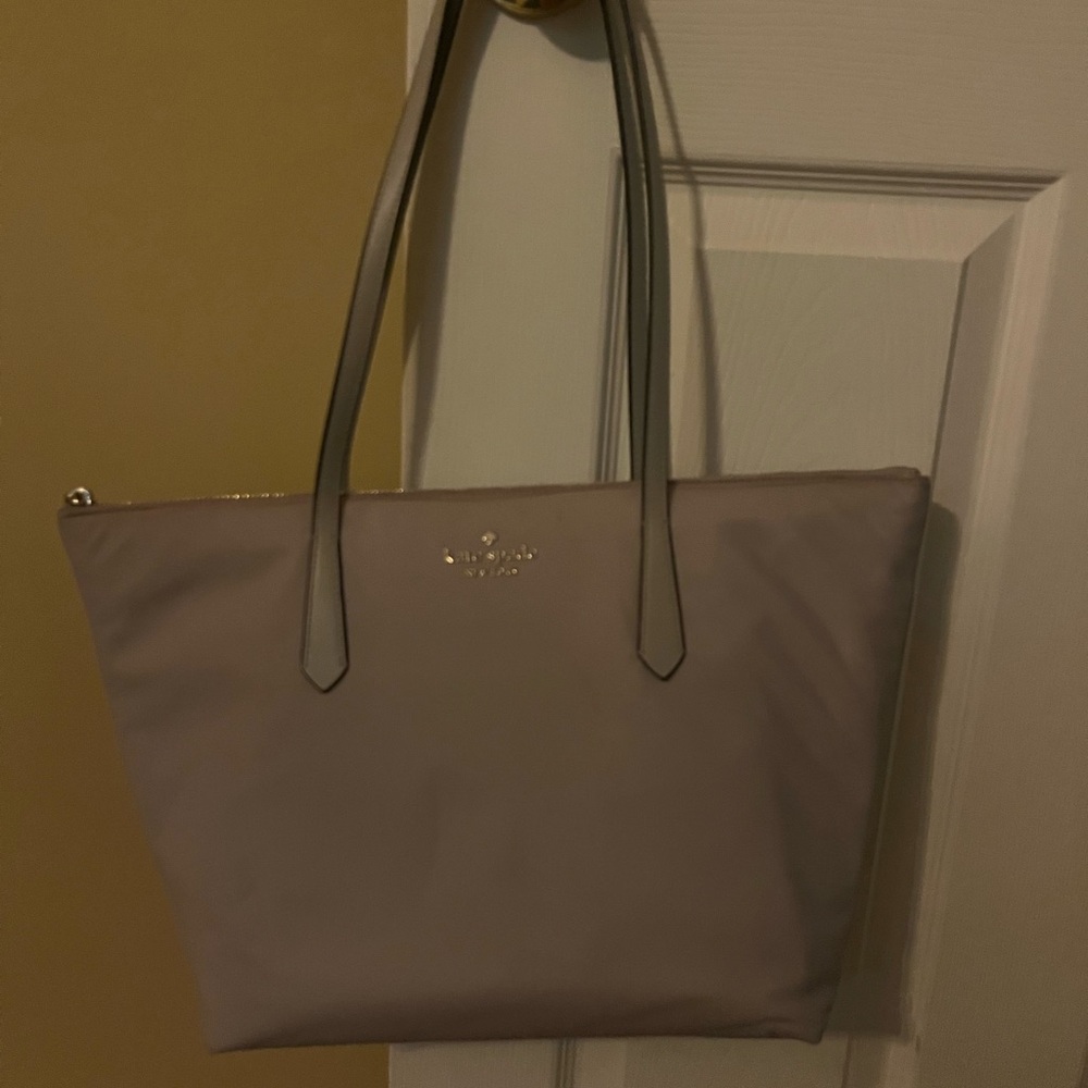 kate spade light taupe nylon tote with gold logo